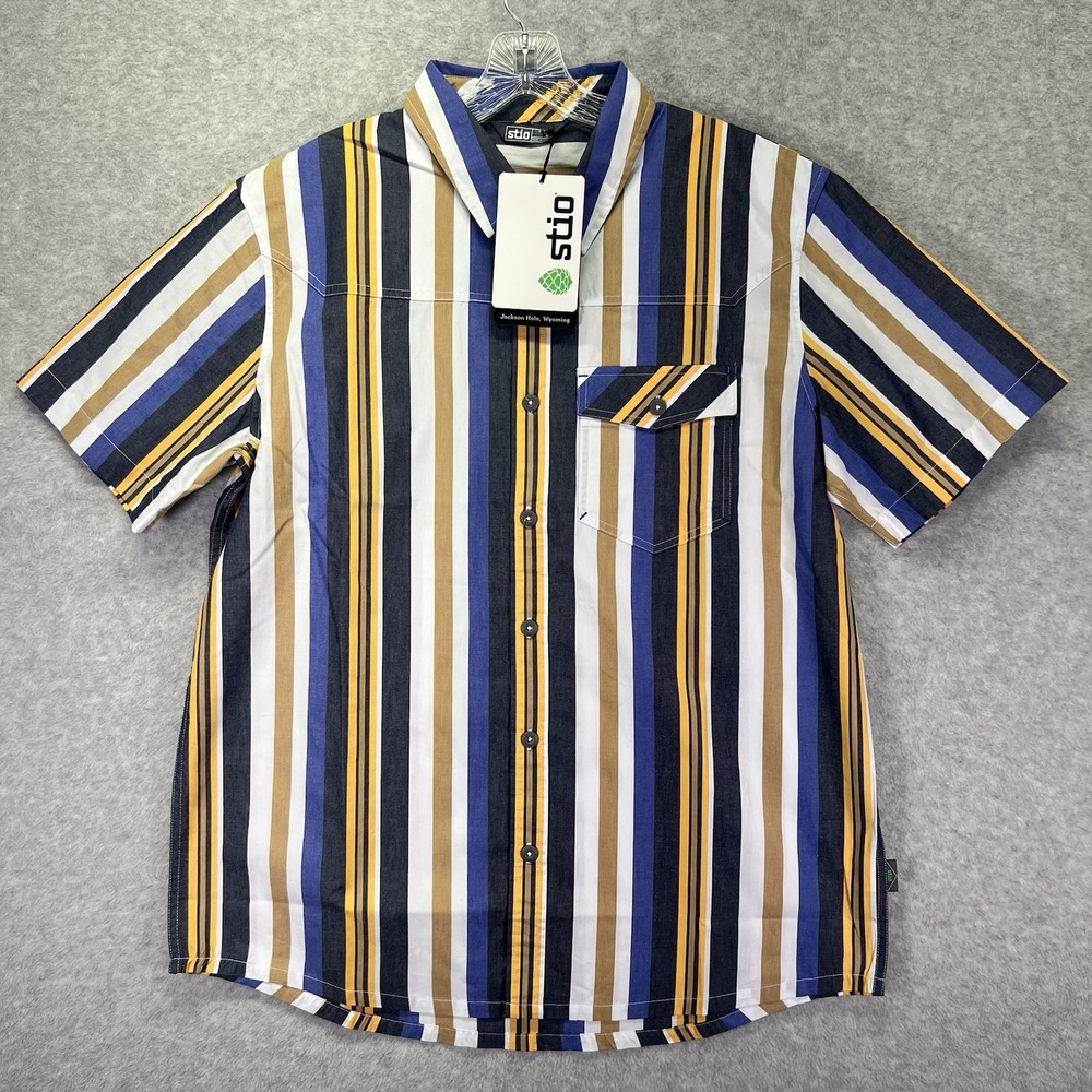 Stio Men's Short-Sleeve Button-Down in Blue, White, Tan, Black, Gold Stripes